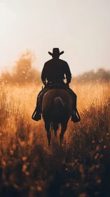 Backlit cowboy silhouette on horseback crossing sunlit tall grass field