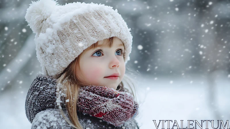 Child in knitted winter cap exhibits refined photorealistic rendering with crystalline snow accumula