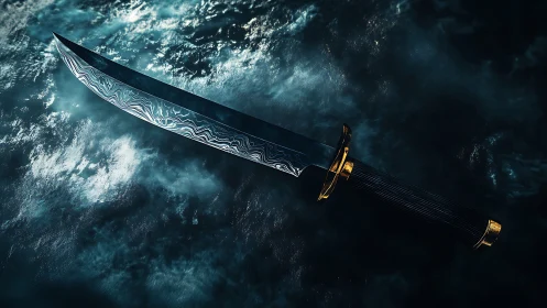 Damascus steel tactical knife over stormy ocean water.