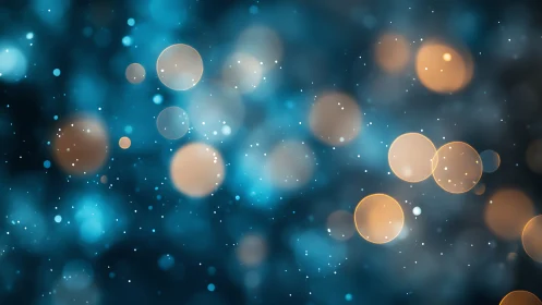 Golden bokeh orbs drift through deep blue shimmered haze.