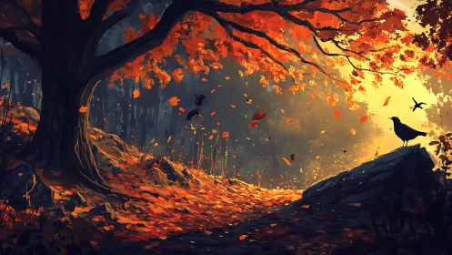 Crows trade secrets beneath a wildfire canopy of autumn