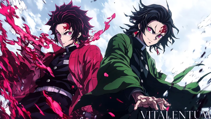 Two anime swordsmen stand amid dynamic red particle motion