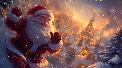 Santa Claus strides through luminous snow toward glowing village