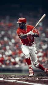 Baseball batter in red uniform swings with focused intensity