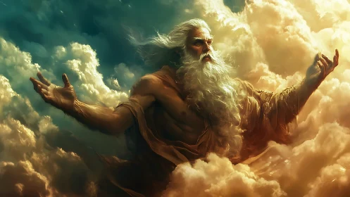 Elderly robed figure with outstretched arms emerges from clouds