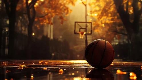 Basketball on wet outdoor court under warm autumn light.