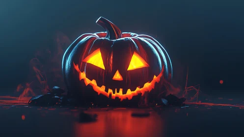 Glowing jack-o’-lantern grins in eerie neon Halloween haze