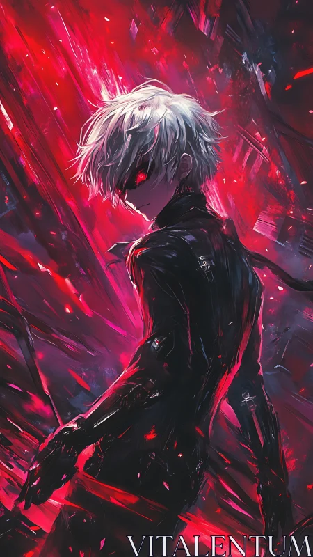 Crimson storm stalker in shattered neon abyss.