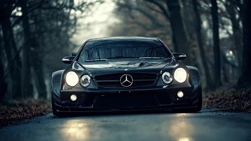 Low-slung black Mercedes coupe on moody forest road at dusk