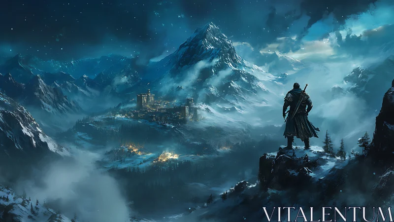 Lone wanderer gazes over a glowing winter fortress valley