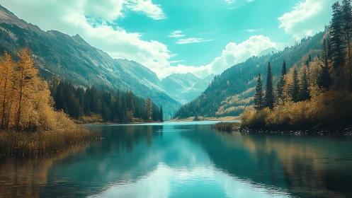Mountain lake with forested slopes and autumn foliage reflections.