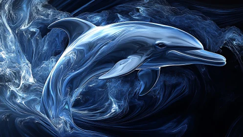 Dolphin rendered in glossy blue liquid-like digital strokes