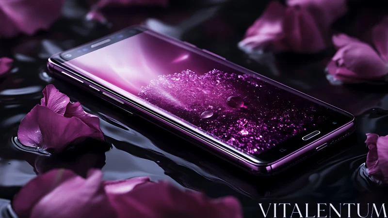 Iridescent magenta smartphone on wet surface with petals