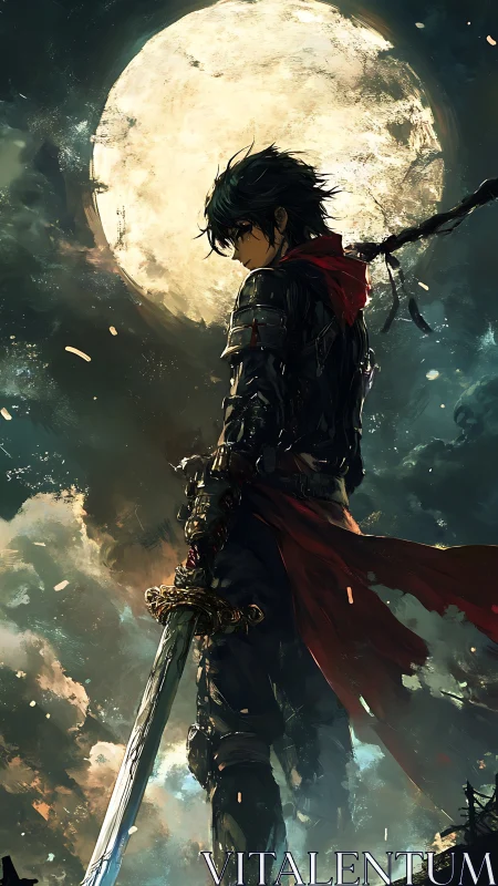 Backlit armored swordsman framed against oversized textured moon