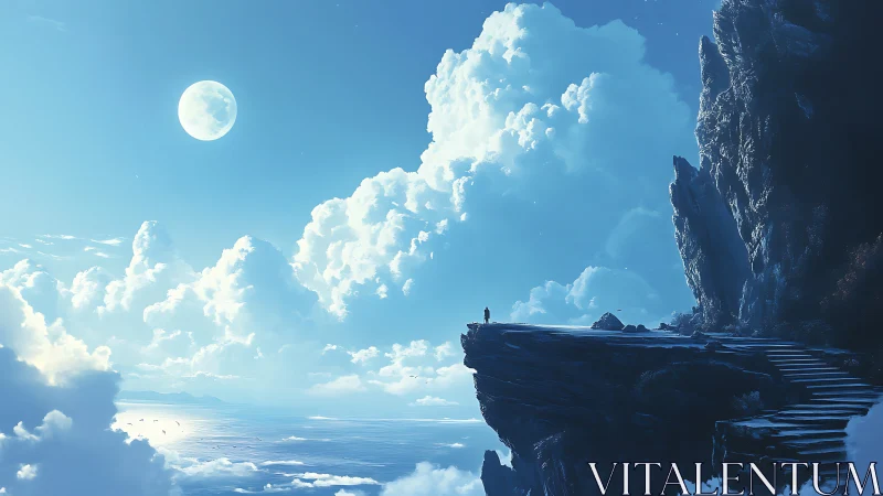 Solitary Figure Contemplates Sky From Cloud-Piercing Cliff