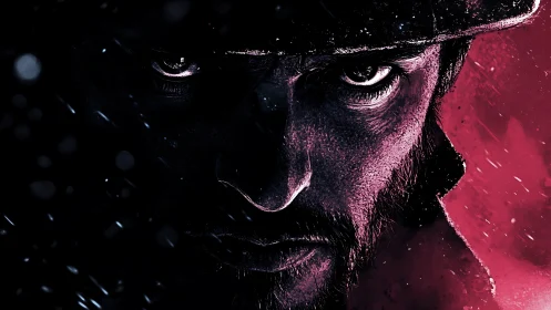 Center-framed male face rendered in high contrast lighting