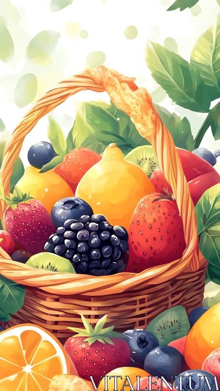 Vibrant fruit basket illustration with summer citrus focus.