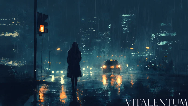 Solitary figure waits in rainy neon city intersection at night