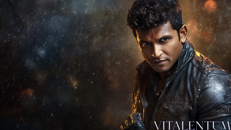 Stormlit leather rogue staring down the rain-soaked night.