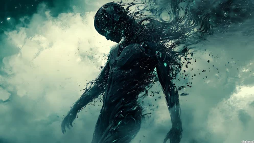 Shattered cybernetic silhouette dissolving into teal storm clouds.