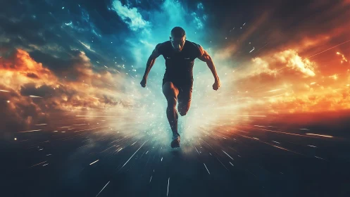 High-speed sprinter silhouetted against dual-tone energy sky
