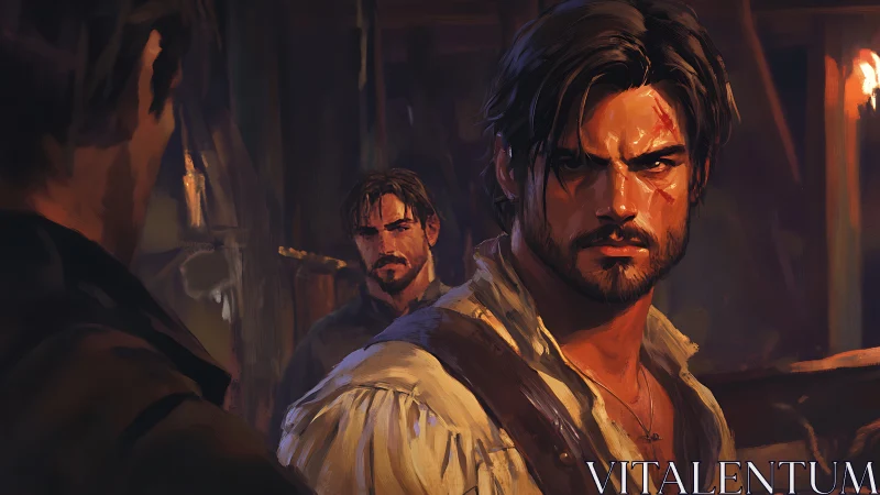 Bearded man in rustic interior with reflected double view.