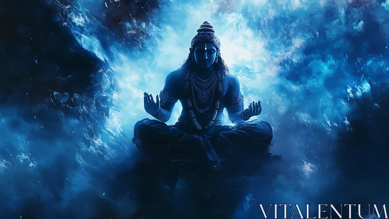 Celestial blue deity meditates in luminous cosmic aura.