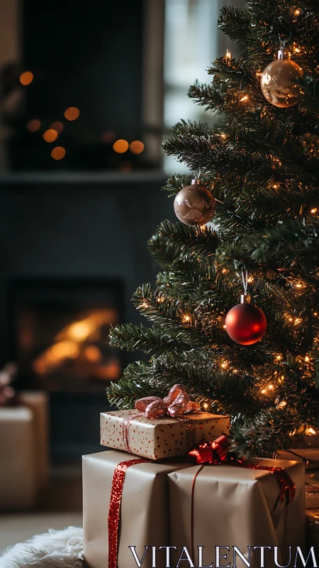 Christmas tree with wrapped gifts in warm living room.