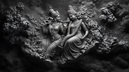 Graceful divine figures rest together in a dreamy carved cloud