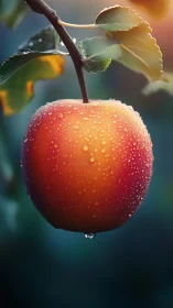 Dew-covered red apple hanging from branch at sunrise.
