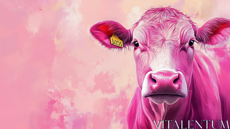 Vibrant pink cow portrait against textured pastel background.