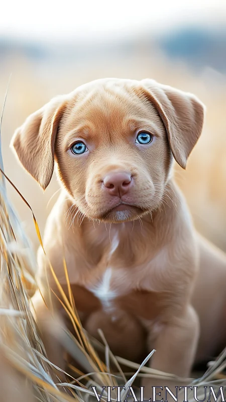 Blue-eyed brown puppy portrait in soft field bokeh light.