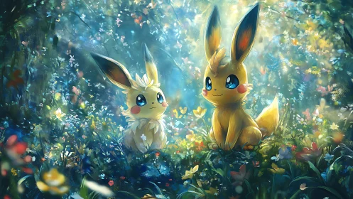 Twin electric creatures in sunlit fantasy forest clearing.