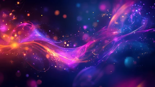 Vibrant neon light trails flow through a cosmic night backdrop