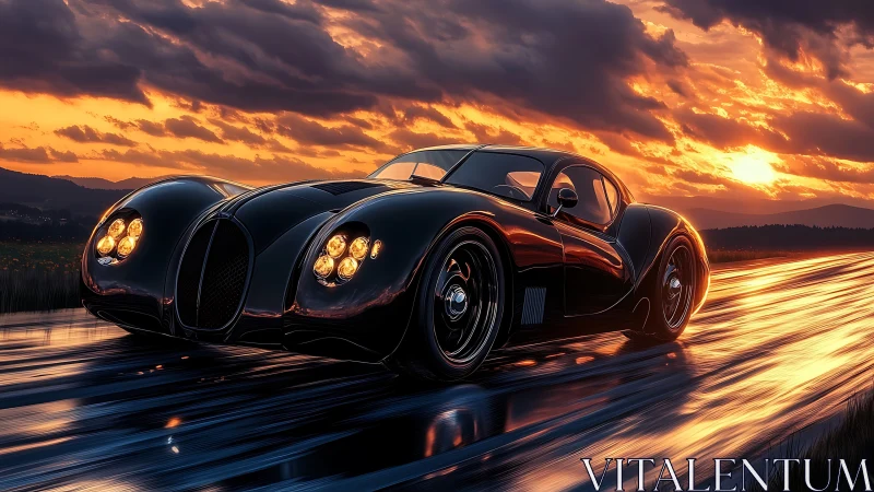 Retro-futuristic black coupe racing on reflective wet road.