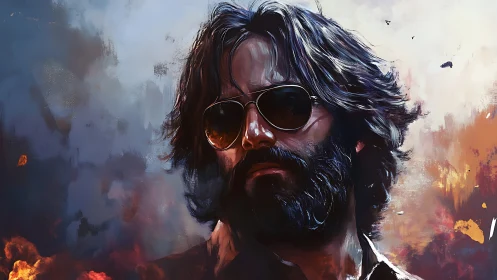 Bearded sunglasses rebel amid blazing abstract smoke.