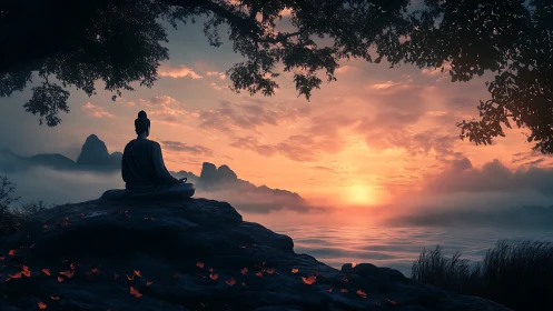 Digital painting of meditative lake sunrise under foliage canopy.