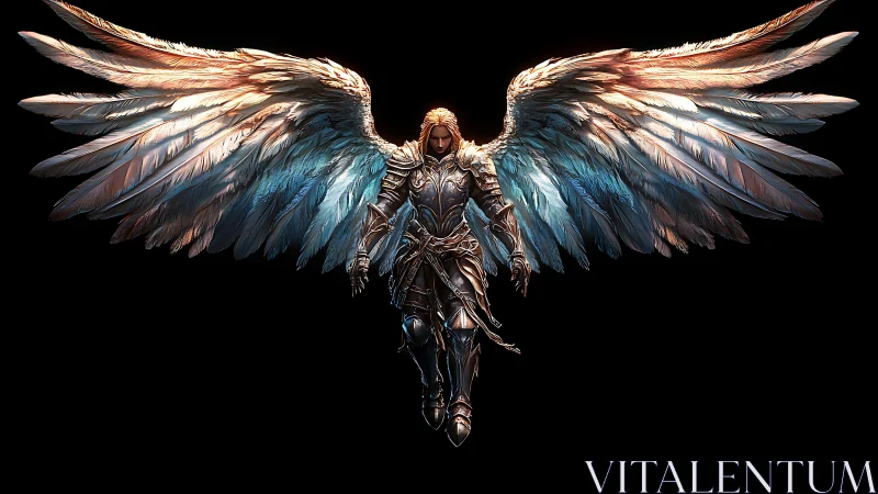Armored seraph warrior spreads radiant iridescent wings.