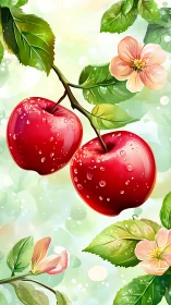 Two red apples hang from a branch amid leaves and blossoms