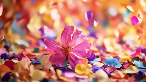 Single pink flower among multicolored scattered petals.