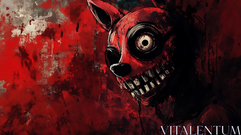 Grotesque red animatronic grins in chaotic abstract bloodscape.