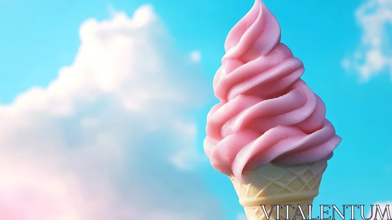 Pink soft-serve ice cream swirls against bright summer sky.