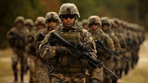 Steady military formation advancing through quiet woodland paths.