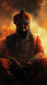 Regal warrior in glowing embers, wrapped in fiery silence.