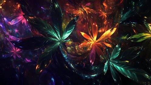 Shimmering cosmic blooms swirling through vivid night skies.