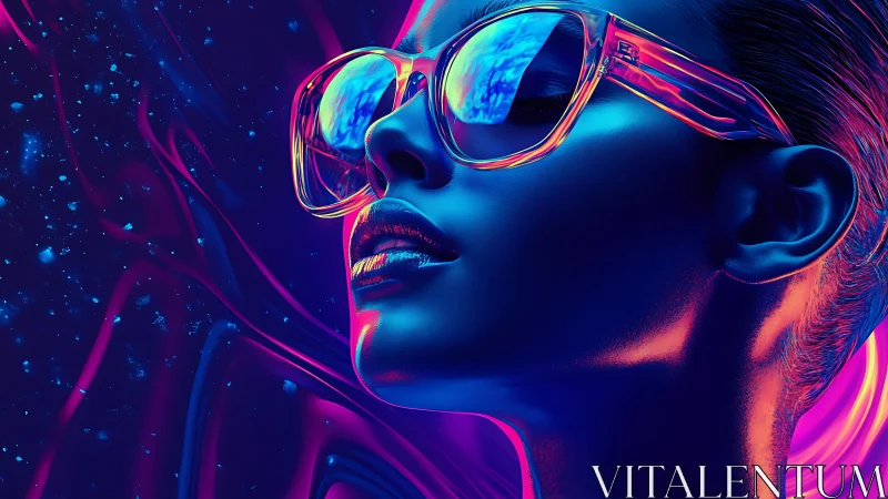 Neon-lit portrait with iridescent glasses and cosmic glow.