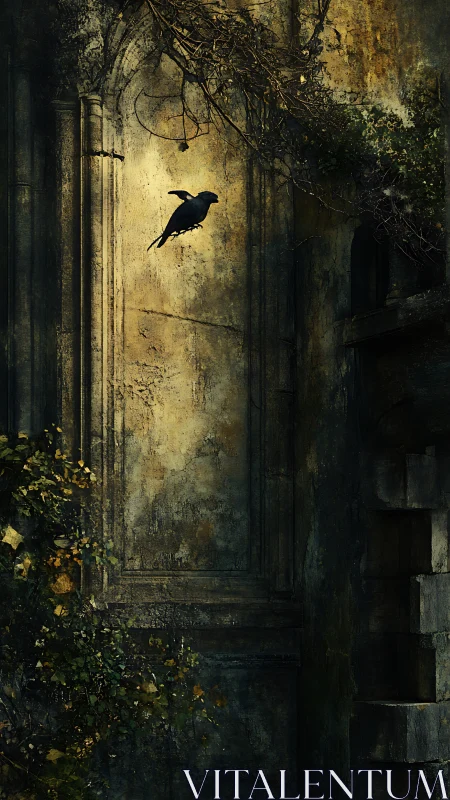 Dark crow against decayed stone wall and overgrown arch