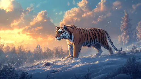 Snowlit tiger strolling under ember-cloud winter sunrise.