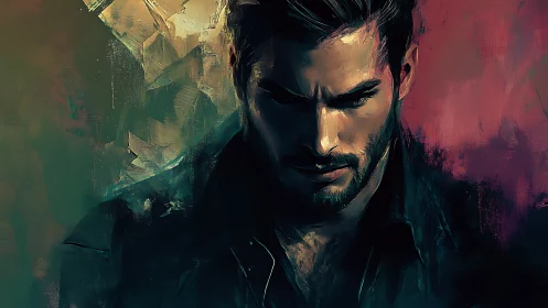 Brooding nightwalker framed in fractured neon silence.