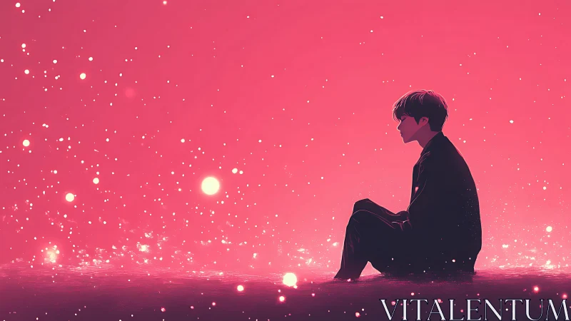 Silhouetted seated figure observes glowing particles calmly